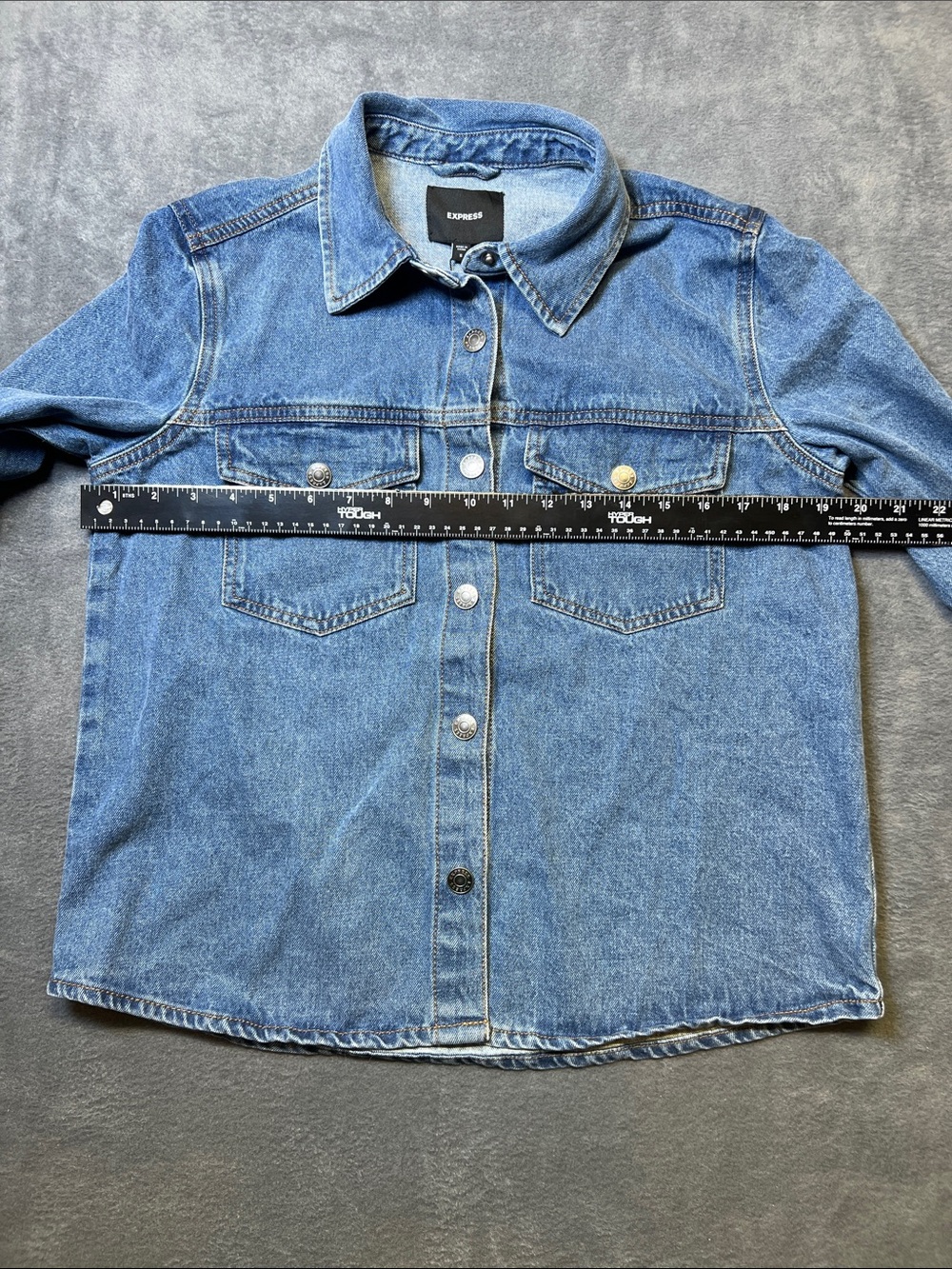 Express Mid Wash Denim Shirt Jacket in Blue - Picture 3 of 6